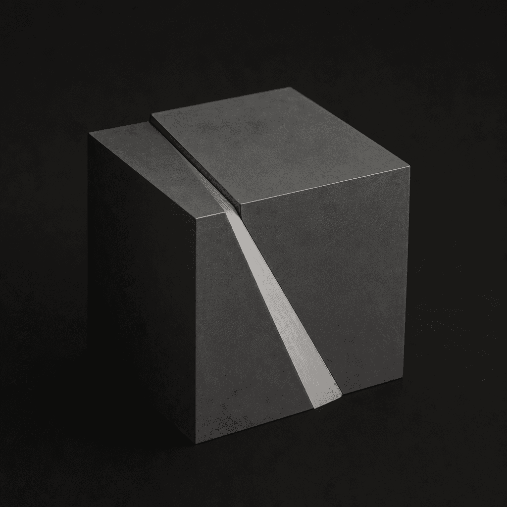 A solid machined block with one clean diagonal cut through it.